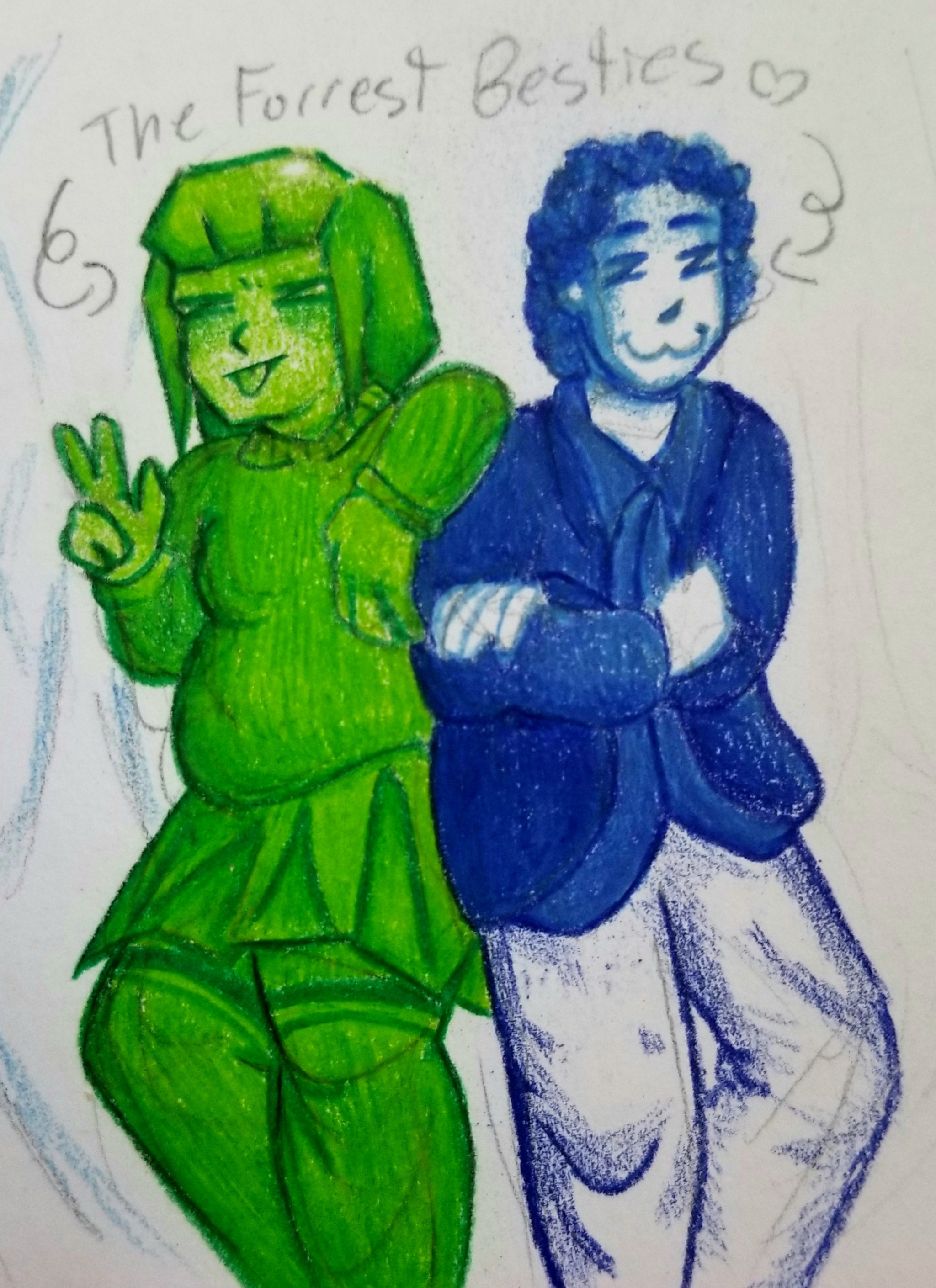 Tgotchi girl and William from whos lila leaning on each other in rather cool, content expressions, two arrows point 2 them saying 'the forrest besties'